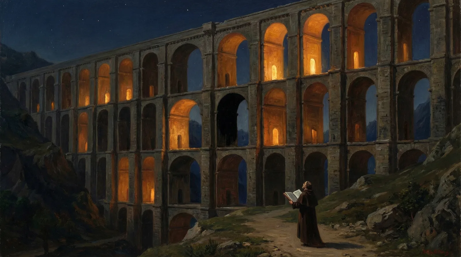 A lone monk studies a ledger beneath an immense luminous Italian aqueduct at night — a metaphor for enterprise architects navigating the token economy.