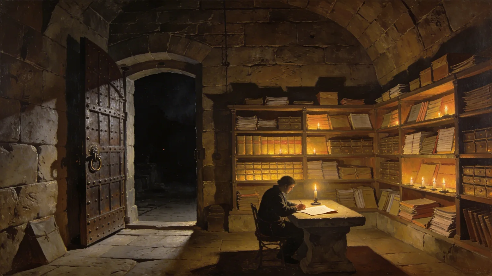 A lone scribe works by candlelight in a vaulted stone archive lined with private ledgers — a metaphor for sovereign, contained enterprise AI.