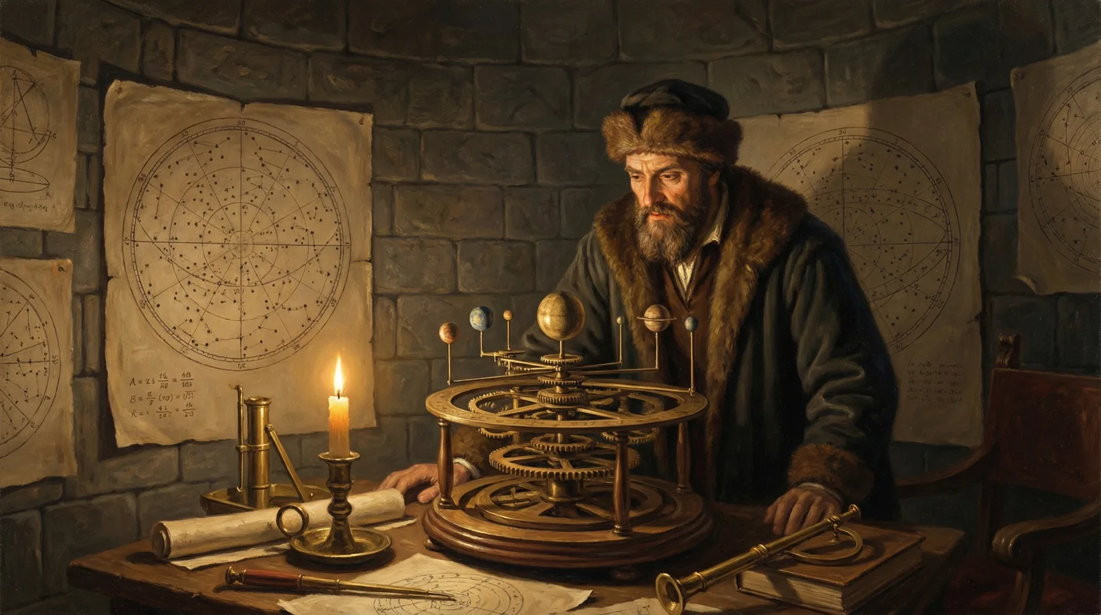 A Renaissance astronomer runs a brass orrery — a mechanical model of the cosmos — by candlelight. A metaphor for replacing observation with calculation, the core idea behind MiroFish RAG.
