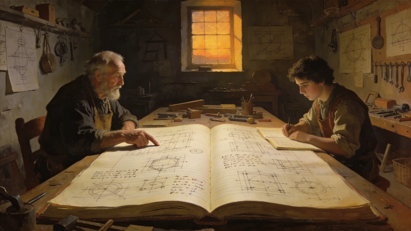 An elderly Italian craftsman and a young apprentice study an illuminated workshop ledger at sunset — a metaphor for generational succession of enterprise knowledge.
