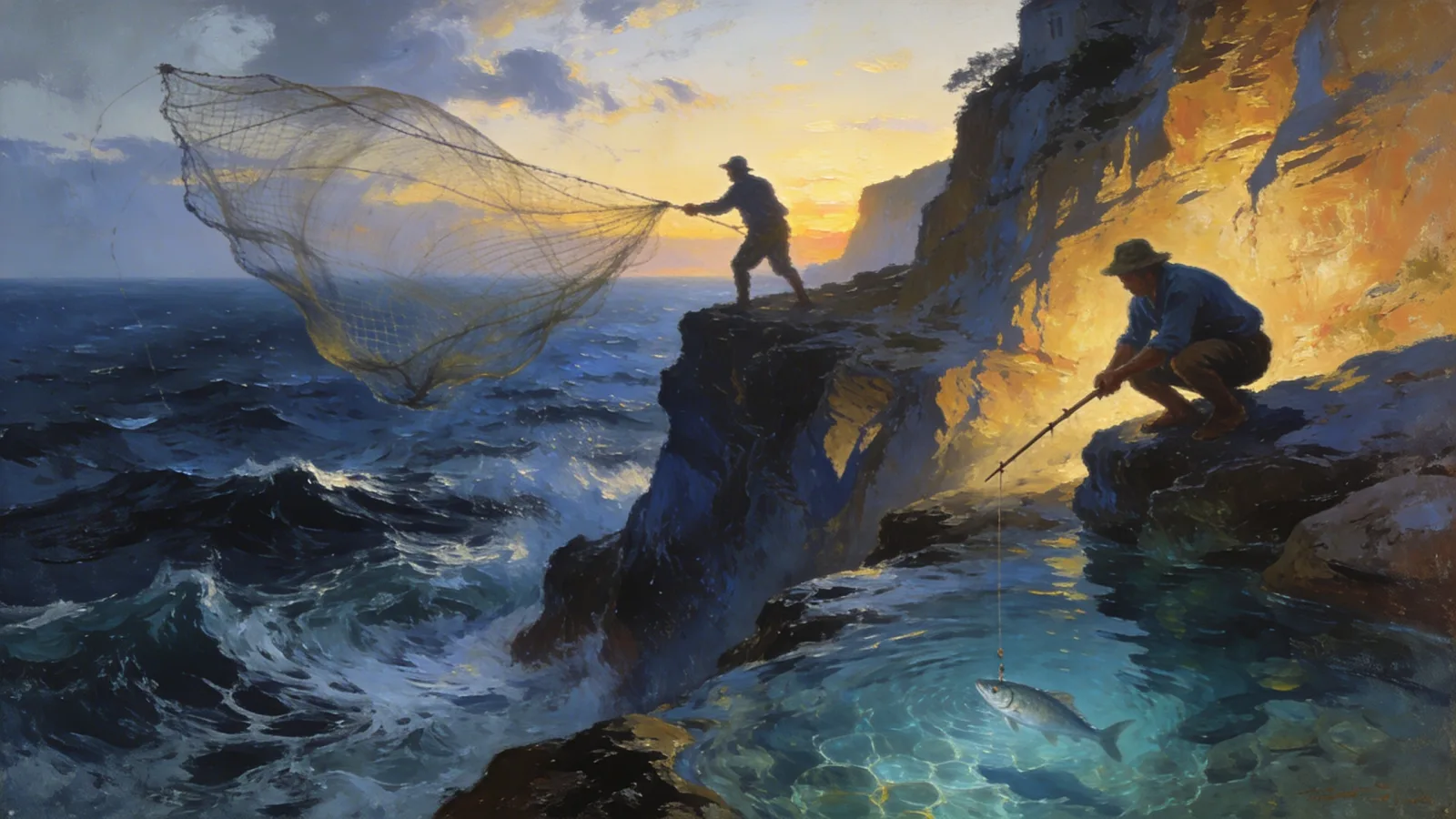 Two fishermen at a Mediterranean sunset — one casts a wide net into open sea, the other uses a precise line in a clear tidal pool. A metaphor for mass lead generation versus intent-driven precision.