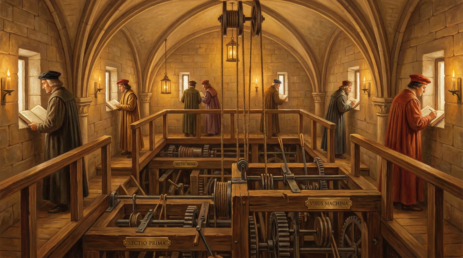 A vaulted medieval scriptorium where scholars observe a large mechanical apparatus of gears and levers below the floor, brass plaques labeling its sections — a metaphor for making the inner workings of AI agents fully observable.