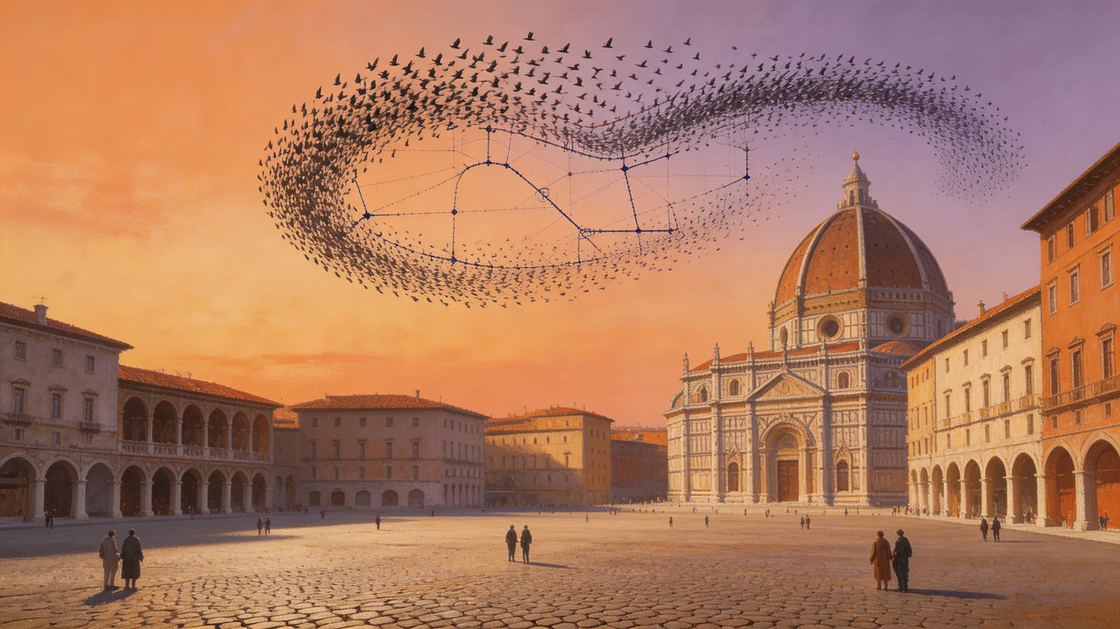 A massive starling murmuration forms a self-organizing flock over the Florence Duomo at sunset, with faint overlaid network-graph connections — a metaphor for emergent multi-agent swarm intelligence.