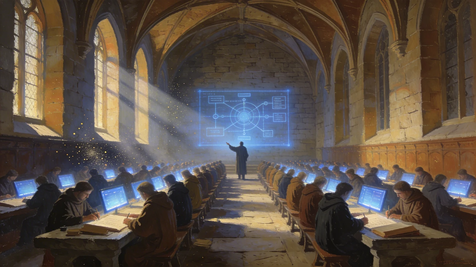 A guild of silent automata working through the night in a great vaulted scriptorium, a metaphor for autonomous AI agents acting on enterprise knowledge around the clock.