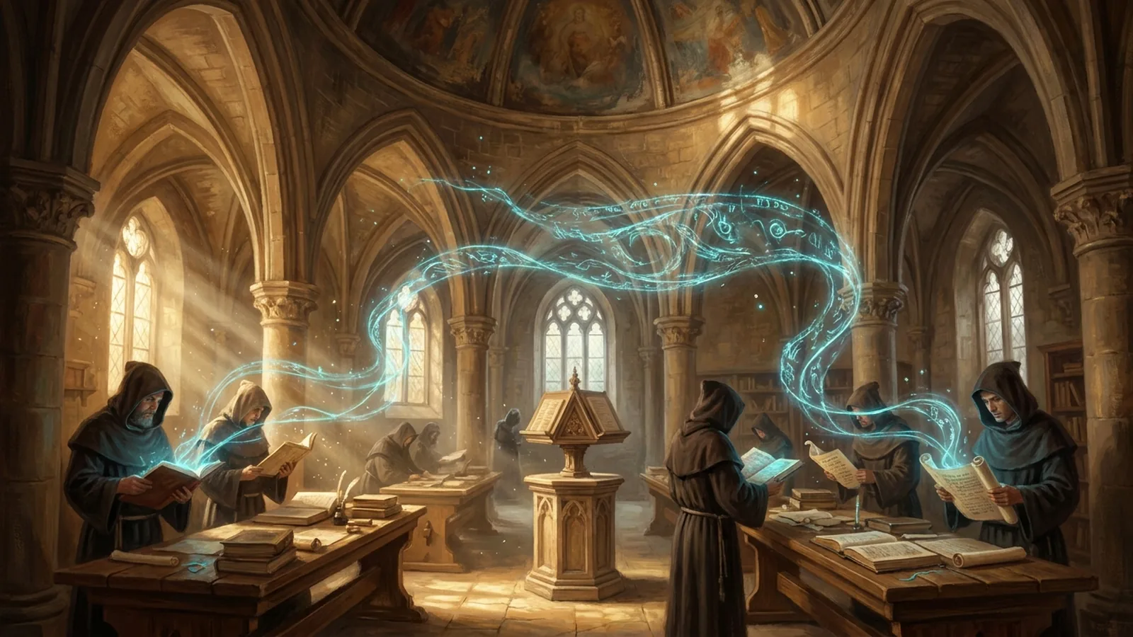 A vaulted medieval scriptorium where scribes feed manuscripts into a single glowing tapestry of light, a metaphor for the GRAL Cognity knowledge fabric.