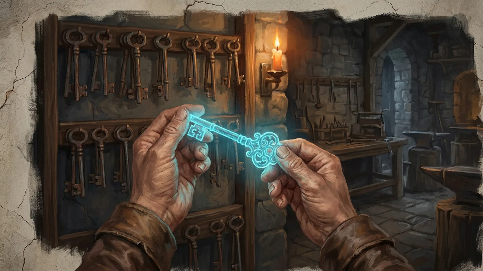 Hands holding a single glowing bespoke key beside a rack of identical iron keys, a metaphor for custom-engineered AI versus off-the-shelf SaaS.