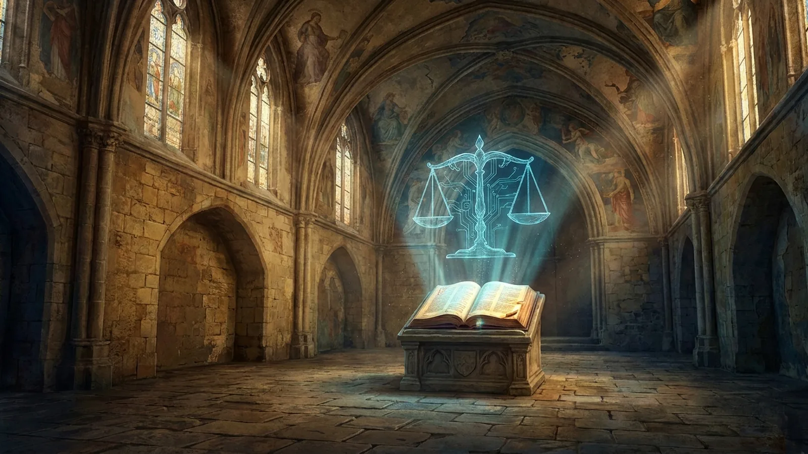 An illuminated codex of law on a stone pedestal beneath a glowing holographic emblem of scales of justice fused with circuitry, a metaphor for governing enterprise AI under the EU AI Act.
