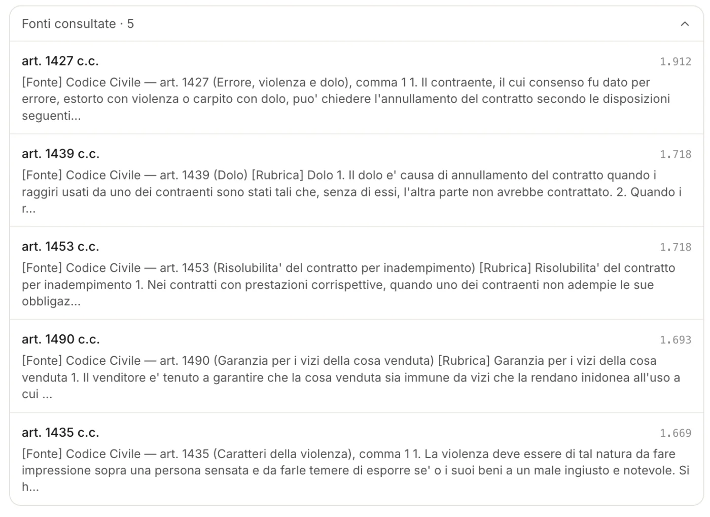 Caucus sources panel: consulted Codice Civile articles with relevance scores